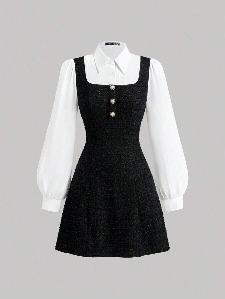 MEXSHEIN MOD 1 pieza Vestido largo de manga larga con cuello y parche de cuadros elegante para mujer, otoñoMEX JDQE - Blanco y Negro - Ver 1