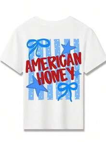 American Honey Kids' Short Sleeve T-Shirt With 4th Of July Cartoon Print, 180g, Soft, Comfortable And Breathable, Suitable For All Seasons, Perfect For Boys And Girls For Everyday Wear, School And Casual Sportswear. An Ideal Crew Neck T-Shirt For Holiday Parties, Gatherings, Outdoor Activities And Travel. - 藍白色 - 查看 3
