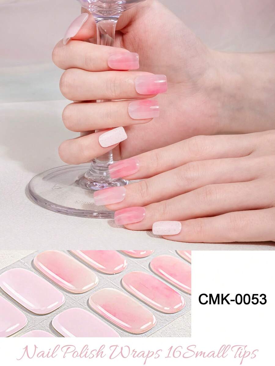 16pcs Milk Jelly White Semi-Cured Gel Nail Stickers, Fashionable Colors, Long-Lasting Full Coverage Gel Nail Sticker - Baby Pink - View 1