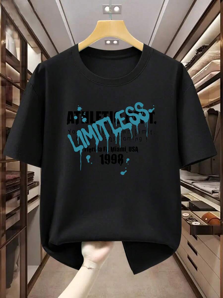 Camiseta de hombre talla grande 100% estilo deportivo americano, estampada con elementos de Florida iami de 1998, que muestra individualidad. Camiseta cómoda y casual de manga corta para el verano.Estampado de letras al estilo minimalista INS / Colección de patrones deportivos con letras de estilo religioso / Diseño holgado y suave al tacto / La opción ideal para regalos - Negro - Ver 1