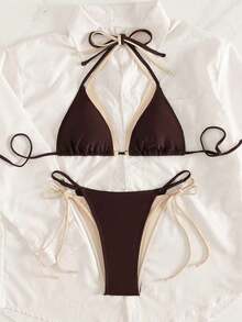 Conjunto de bikini de 2 piezas de 2026 Sunshine Girl Series con influencer, triángulo con taza, halter elegante en tonos contrastantes, ajustable con tiras a los lados, cintura alta, ajuste ceñido para playa, vacaciones, en yate, en la piscina - Marrón - Ver 5