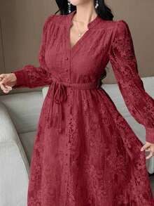 Vestido de media longitud con cinturón y cuello de encaje elegante para mujer, vestido de verano/primavera - Burdeos - Ver 5