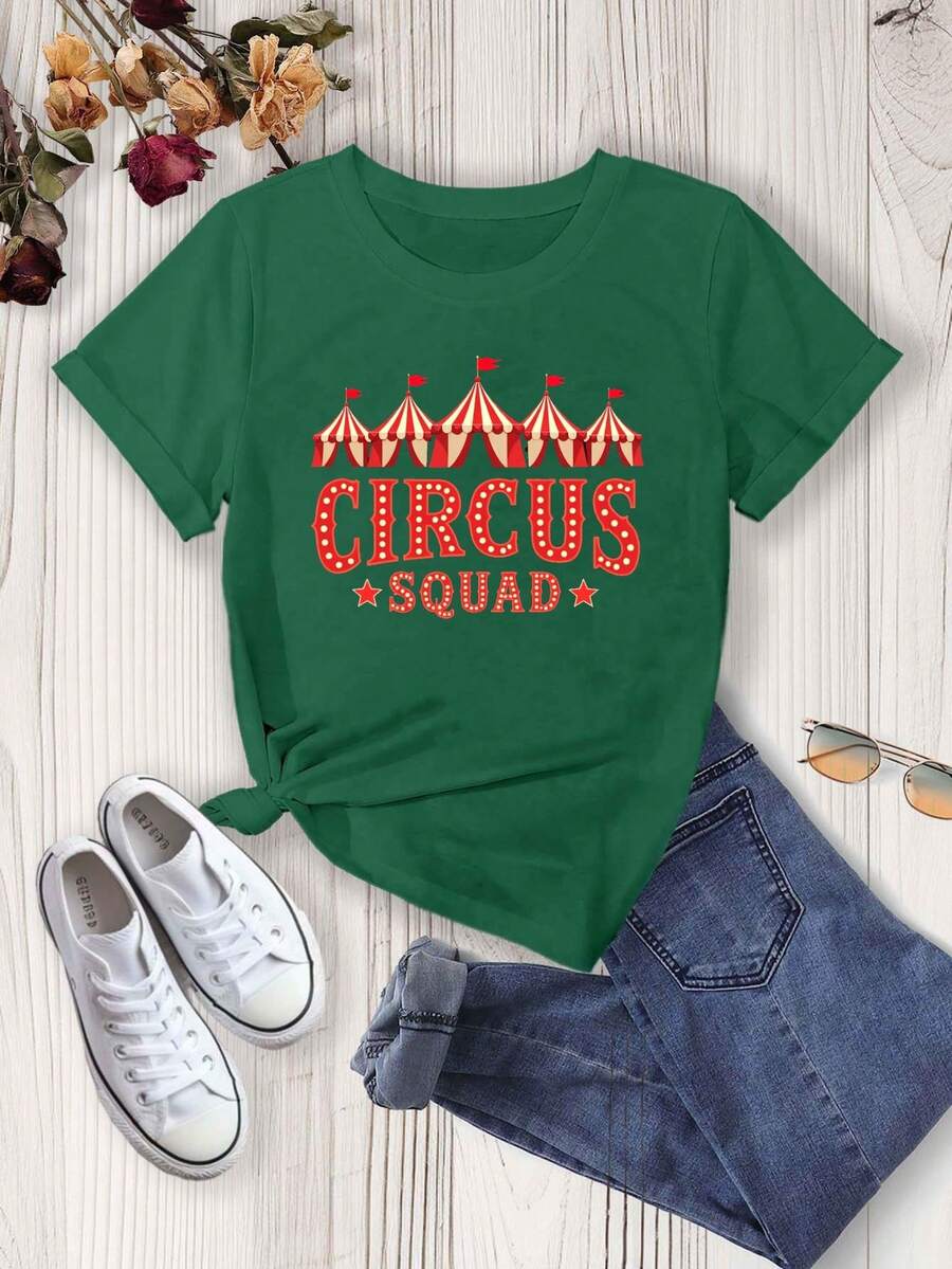 Camiseta% de algodón de alta resistencia - Camiseta con estampado CIRCUS, de manga corta y cuello redondo, estilo casual, adecuada para mujeres en primavera y verano, se puede usar en todas las estaciones, como capa base en primavera y otoño o sola en verano, unisex. - Verde - Ver 1