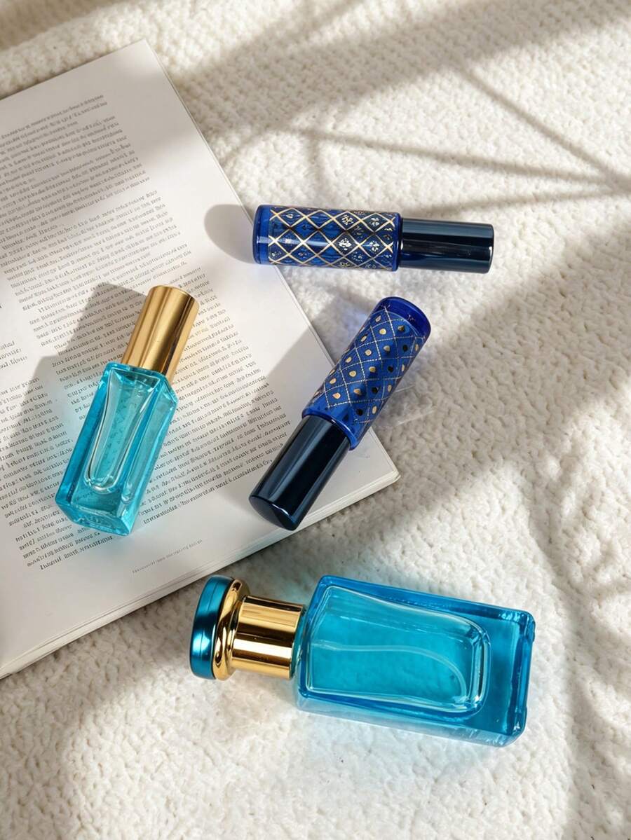 1組漸層藍玻璃香水噴霧瓶(30ml+3*10ml)附金色圖案,贈黑色3合1填充工具,防漏可重複填充空旅行化妝品容器,細霧噴頭,適用香水、精華液,男女通用旅行必需品 - 彩色 - 查看 1