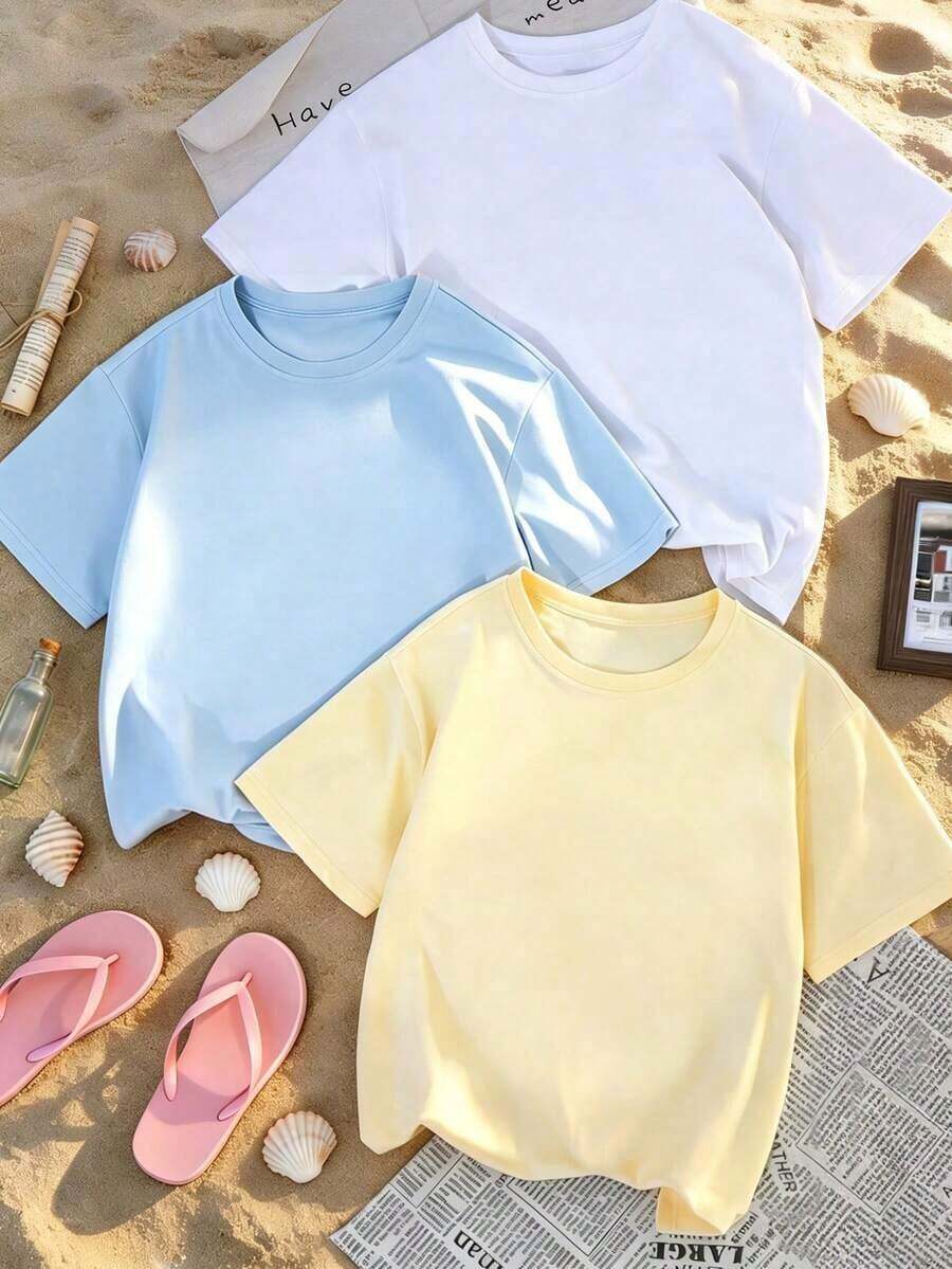 Set Of 3 Minimalist And Casual Summer Short-Sleeved Crew Neck T-Shirts, Versatile And Fashionable Tops For Women - 淺藍色,黃色和米白色 - 查看 1