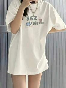 Basic T-Shirts For Women, Oversized T-Shirts, Casual T-Shirts For Women, Funny T-Shirt, Limited Time Offer, Women's Short Sleeve T-Shirt, Japanese Style, Round Neck, Loose Fit, Casual, Versatile, Cartoon Print, White, Spring/Summer. 7N4N - 白色 - 查看 2