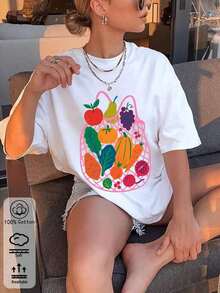 Summer Essential: Oversized Cotton T-Shirt With Bright Fruit Pattern, Loose Fit For Women, Breathable And Comfortable Top - White - View 4