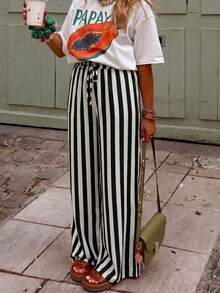 Pantalones rectos casuales y sueltos con rayas para mujer, para verano, vacaciones y uso diario - Blanco y Negro - Ver 3