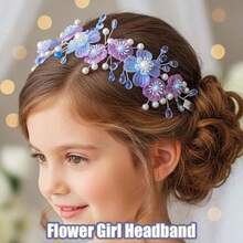 Yqq Campsis Purple Flower Headband For Girls, Floral Headpiece With Pearls, Wedding Hair Accessories For Women - 紫色的 - 查看 3
