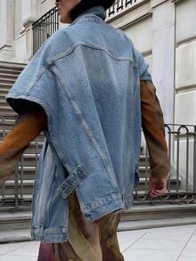 Chaqueta vaquera de cuello vuelto holgada y versátil, chaqueta vaquera de manga corta de diseño único para uso casual y de oficina en verano - Lavado ligero - Ver 7