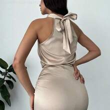 MewMuse.  Conjunto de 2 piezas con blusa con cuello de corbata de satén y pliegues, con espalda atada, y falda larga fruncida, adecuado para el Día de San Valentín, concierto, actuación, cita, fiesta, baile de graduación, boda, sexy, elegante, viaje al trabajo, vuelta al colegio, vacaciones, playa, romántico - Amarillo - Ver 4