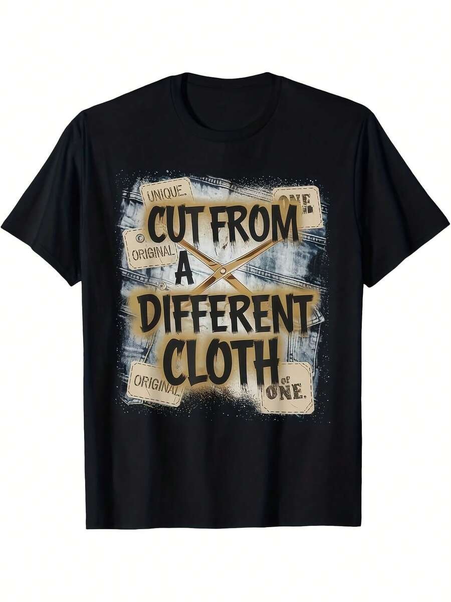 Men's Funny Hip Hop Graphic Tee With "Cut From A Different Cloth" Slogan And Distressed Text Print, Heavyweight Casual Crew Neck Tee, Bold Orange And Black Tee For Casual Comfort, All-Season Tee For Daily And Outdoor Activities - 黑色 - 查看 1