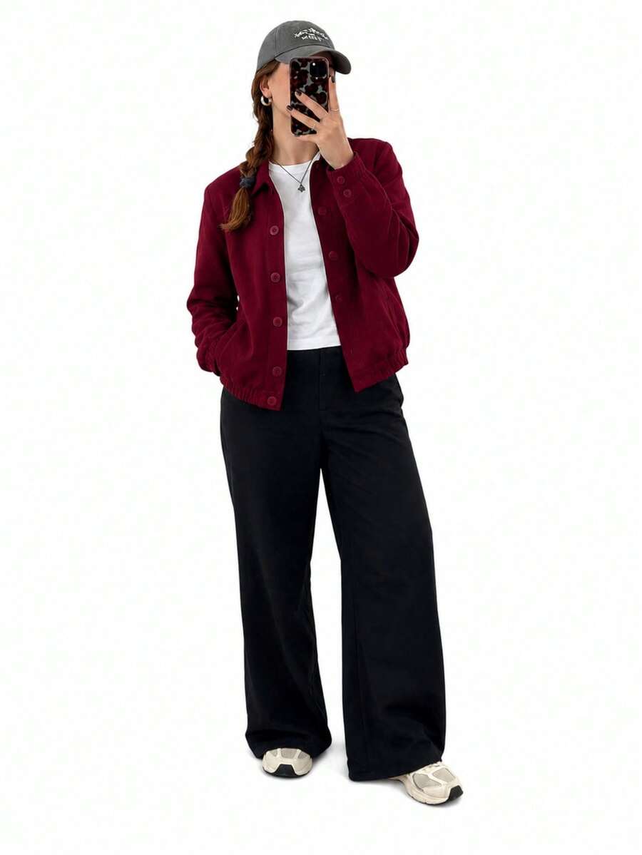 Women's Regular-Length Coat, Made Of Medium-Stretch Fabric, With A Button-Down Collar, Regular-Length Sleeves, And Cuffs That Reach The Wrist. - 酒紅色 - View 1