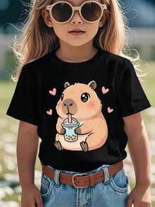 Girls' Summer Fashion Short Sleeve T-Shirt With Capybara Drinking Milk Tea Print, Casual And Versatile Top NY-DX8565 - 黑色 - 查看 6