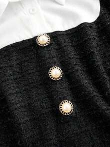 MEXSHEIN MOD 1 pieza Vestido largo de manga larga con cuello y parche de cuadros elegante para mujer, otoñoMEX JDQE - Blanco y Negro - Ver 5