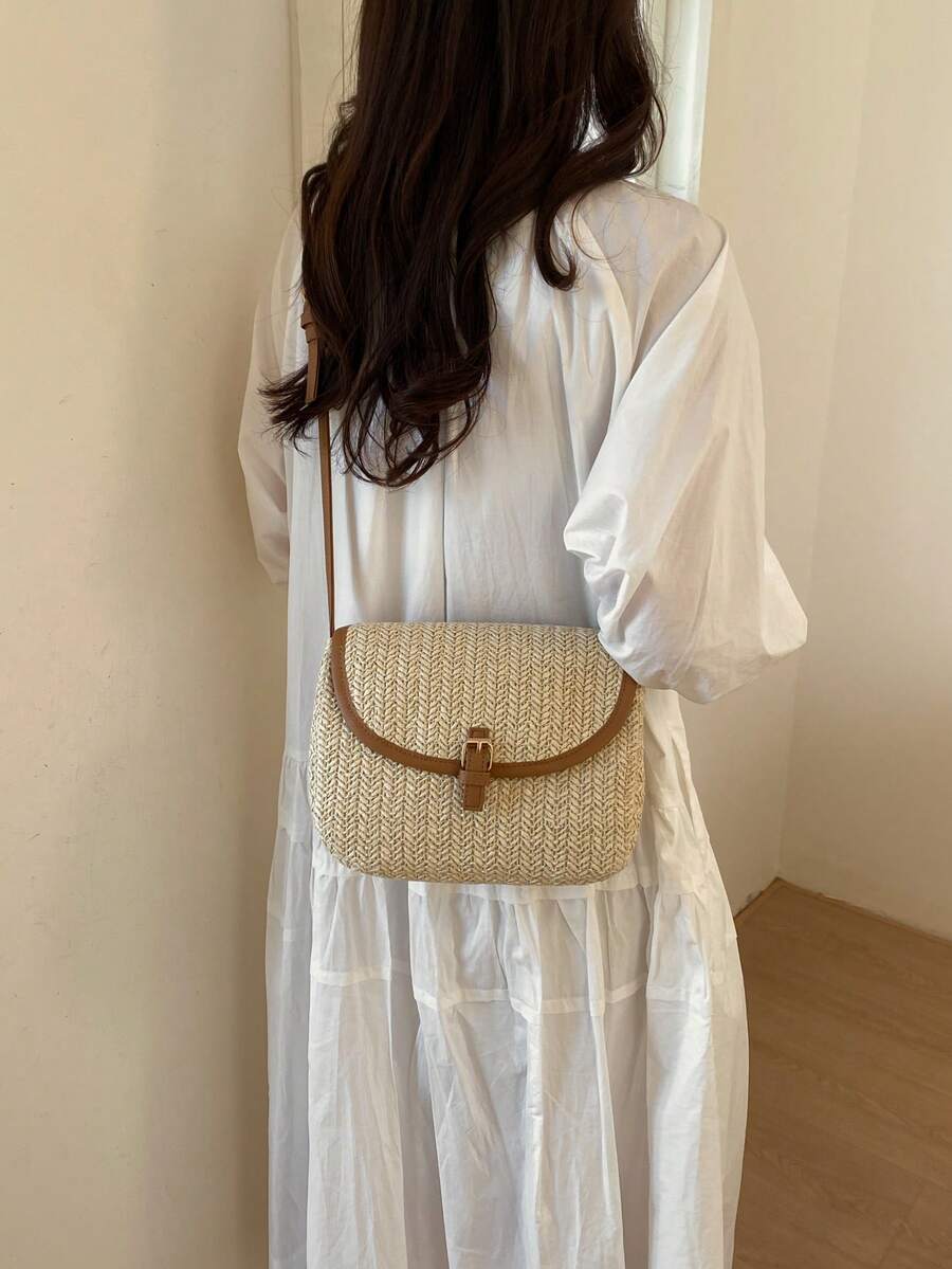 New Fashion Straw Bag, Shoulder Crossbody Bag, Versatile Stylish Straw Saddle Bag For Women
