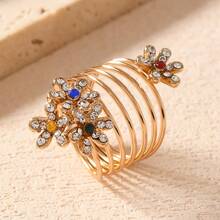 1 pieza Anillo chapado en oro con diseño de flor hueca de estilo chino vintage, diseño único, anillo abierto versátil y lujoso (color del cristal aleatorio) - Amarillo Oro - Ver 12