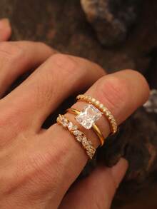 3pcs/Set European And American Minimalist Style Gold-Plated Square Main Ring Zirconia Ring Women's Commute Versatile Anniversary Proposal Gift - Yellow Gold - View 2