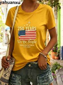 4th Of July Outfit WomenUSA 250th AnniversaryCommemorative Print Women's InspiredT-Shirt Short RoundNeckTopWhite LightweightY2K Short Sleeve Round Nec - 黃色 - 查看 2