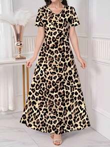 Vestido de punto de manga corta con cuello en V elegante amarillo para primavera/verano con estampado floral diminuto, se puede usar como prenda exterior o interior, adecuado para el trabajo, citas, vacaciones, casual, fiestas, festivales, vestido maxi floral, vestido vintage - Caqui - Ver 3