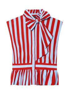 Spring/Summer Women's Elegant Red & Blue Striped Sleeveless Shirt With Bow Collar, Front Button-Down Cardigan, Ruffle Hem Blouse, Suitable For Office And Casual Wear - Red and Blue - View 10