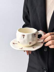 1 Set Minimalist Hand-Painted Ceramic Coffee Cup & Saucer Set, Ins Minimalist Style Hand-Painted Coconut Tree Pattern Coffee Cup, Four-Season Mug, Suitable For Afternoon Tea, Cafe, Tea Party, Ceramic Material - Washable, Reusable, Heat-Retaining, Round, Multi-Purpose - Multicolor - View 5