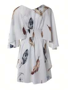 Batwing Sleeve Dress With Print And V-Neck - 鵝黃色 - 查看 2