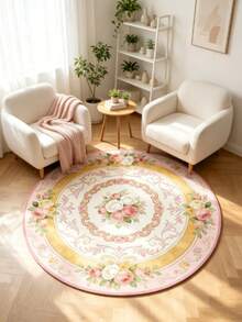 1pc Pink & White Rose Round Floor Mat, Living Room Carpet, Area Rug, Decorative Rug, Washable Large Round Carpet For Living Room, Home Decor - Multicolor - View 2