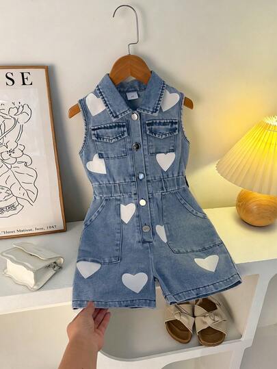 1 Stück Modischer Streetstyle Jumpsuit für Mädchen mit blauem Kragen, ärmellos, mit weißem Herz-Muster, geeignet für Straße, Schule und Alltag Outfit im Sommer