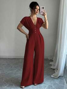 Mono elegante de mujer con escote en V profundo, drapeado, pierna acampanada y mangas de murciélago de manga corta - Burdeos - Ver 4