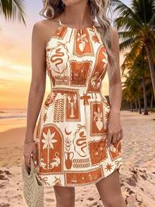 Vestido mini casual de mujer con cuello de lazo y sin mangas, atuendo diario para el verano y vacaciones - Multicolor 2 - Ver 5