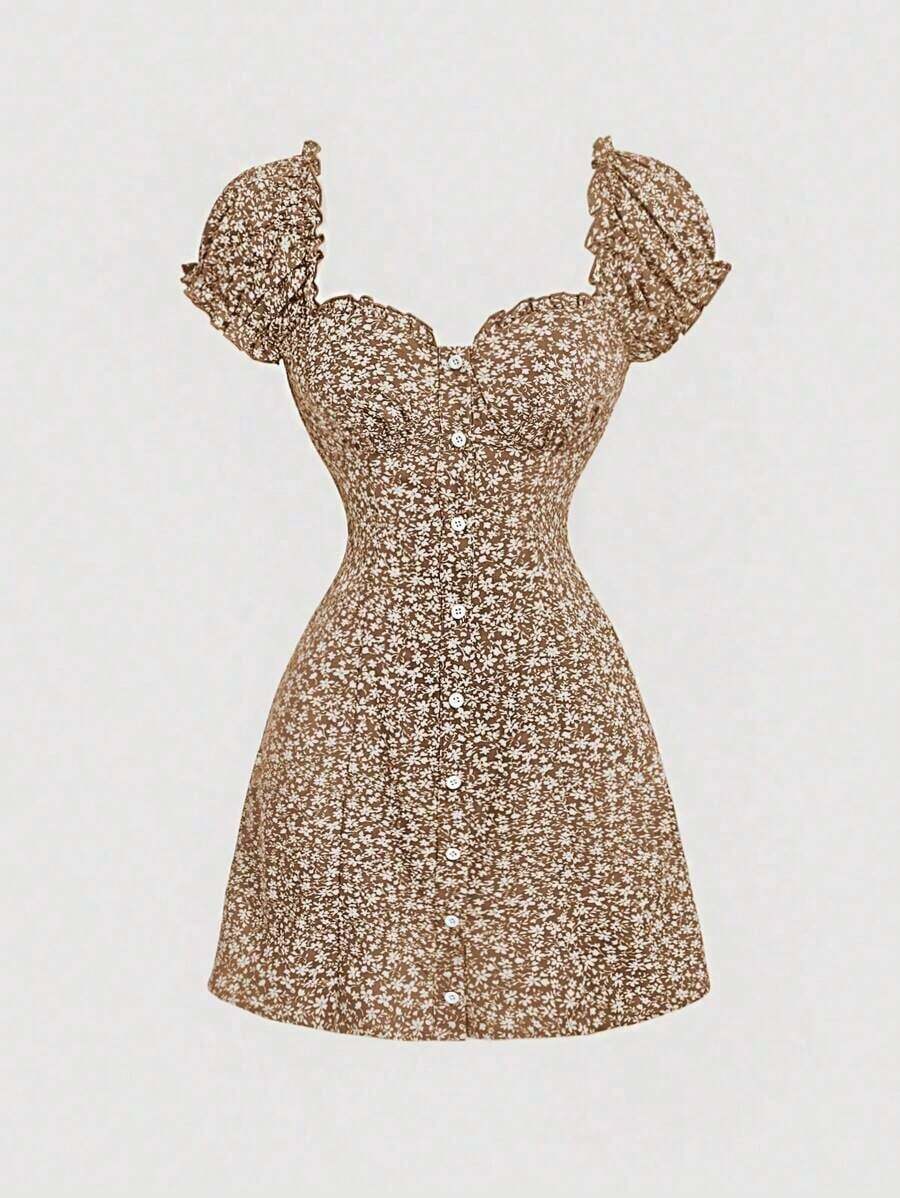 Vestido camisa con botones y mangas de concha amarillo mantequilla - Caqui - Ver 1