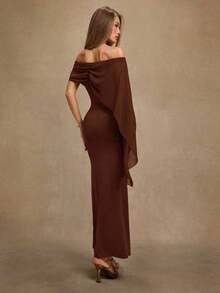 Vestido elegante marrón de hombros descubiertos y ajustado, adecuado para cumpleaños, fiestas, eventos sociales, como vestido de capas para otoño/invierno, Halloween, Navidad, vestido elegante - Óxido marrón - Ver 2