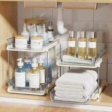 Delamu Organizador Debajo del Fregadero de 2 Niveles Multiusos para Baño Y Cocina Organizador de Baño Extraíble con Divisores Ajustables Apilable para Alacena O Botiquín - Beis - Ver 8