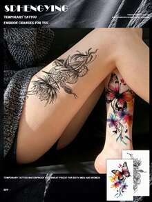 2pcs Fashionable Butterfly & Snake Floral Creative Pattern Temporary Tattoos, Floral & Butterfly Design Temporary Tattoo Stickers, Unisex Body Art Tattoos, Waterproof & Sweatproof, Suitable For Arms, Hands, Abdomen And Feet, Lasting 7-14 Days, Beach Party Accessories DIY Gift - Black - View 1