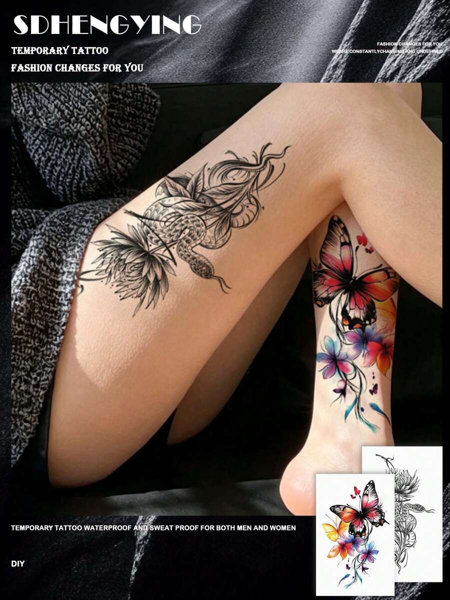 2pcs Fashionable Butterfly & Snake Floral Creative Pattern Temporary Tattoos, Floral & Butterfly Design Temporary Tattoo Stickers, Unisex Body Art Tattoos, Waterproof & Sweatproof, Suitable For Arms, Hands, Abdomen And Feet, Lasting 7-14 Days, Beach Party Accessories DIY Gift - Black - View 1