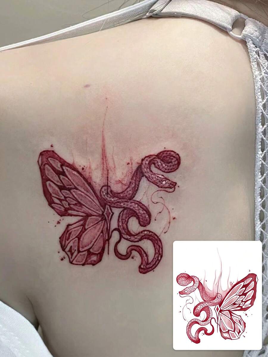 1 Tattoo Sticker - Red-Toned Dark-Pointed Snake And Butterfly Flame Personalized Square Tattoo Design, Temporary Tattoo Sticker, Washable PVC One-Time Use, Waterproof And Sweat-Proof For Hands, Arms, Waist, Abdomen, Back, Legs, No Reflective Effect, Realistic Tattoo Design, Suitable For Travel, Music Festivals, Games, Graduation Gifts, Daily Use. For 3-5 Days. - Red - View 1