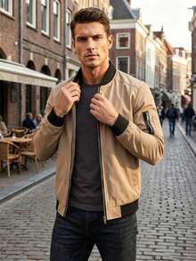 Men's Spring And Autumn Jacket, Zip-Up Jacket With High Collar, Classic And Simple Jacket, Gift For Friends, Husband, Boyfriend. - Khaki - View 3
