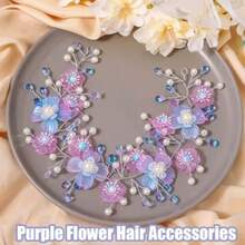 Yqq Campsis Purple Flower Headband For Girls, Floral Headpiece With Pearls, Wedding Hair Accessories For Women - 紫色的 - 查看 4