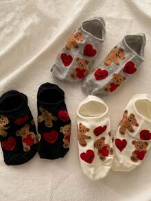 3pairs Bear & Heart Pattern Cute Invisible Socks, For Daily Life - Multicolor - View 7