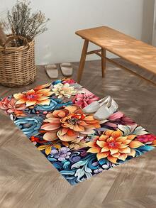 1pc Floral Pattern Non-Slip Oil-Proof Kitchen Mat, Simple Rectangular Waterproof Stain-Resistant Rug, Suitable For Living Room, Bedroom, Hallway, Bathroom And Laundry Room, Polyester Fiber Carpet For Indoor And Outdoor Home Decor - Multicolor - View 4