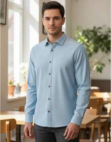 Shirt In 100% Cotton Flamed Fabric With A Linen-Like Look. Fine Fabric. - Blue - View 1