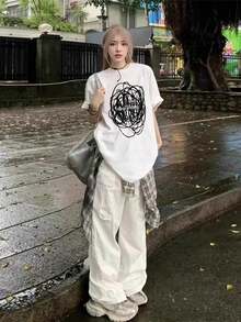 [ 100% Cotton ] Recommended New Products For Summer 2026: Lace Logo T-Shirt, Summer Dress, Women's Fashion T-Shirt, Short Sleeve Office Casual 200g Cotton Cartoon Character Printed Loose White Top, Y2K Women's Top, Spring Dress Top - White - View 6