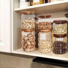 1pc Glass Storage Jar, For Grains, Sealed Jar With Hammered Acacia Wood Lid, Coffee Bean Storage Canister, Striped Storage Bottle - Multicolor - View 10