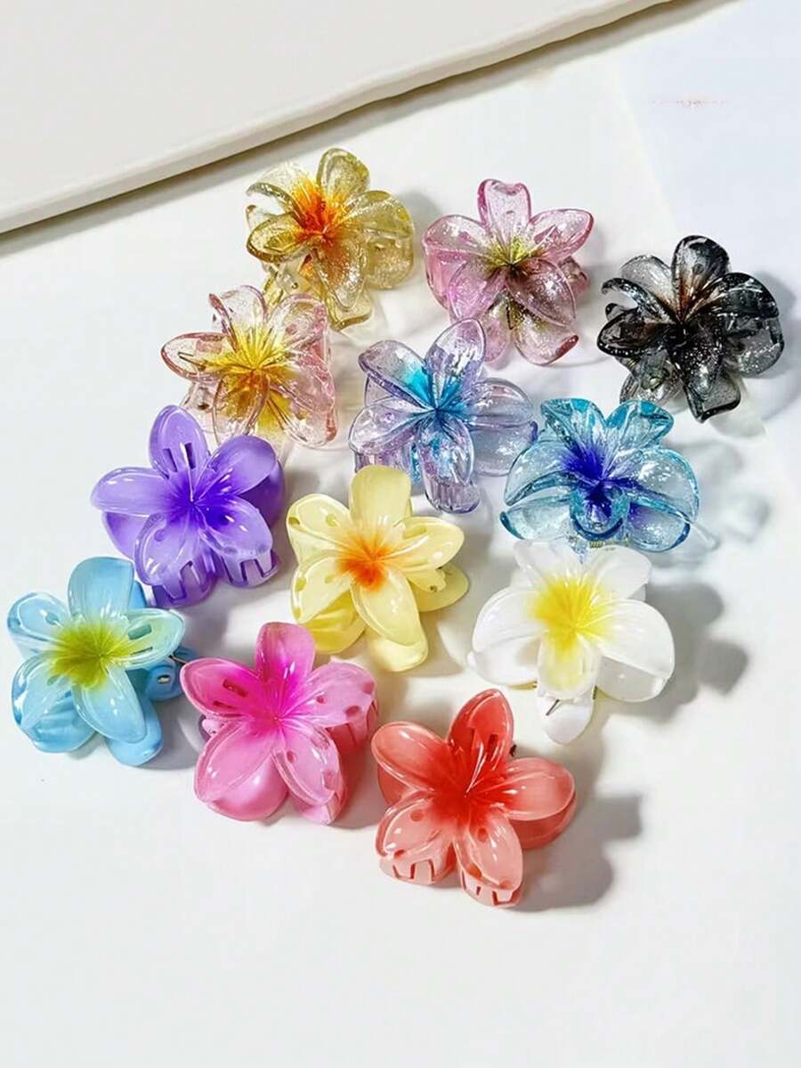 12件組春夏可愛髮夾套組，漸層色蓬鬆防滑花朵設計髮爪，適合女性參加派對、活動與度假的髮飾