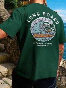 Men's Short Sleeve T-Shirt With Beach And Surf Elements Print, Comfortable And Breathable, For Summer Use - 墨綠色 - 查看 3