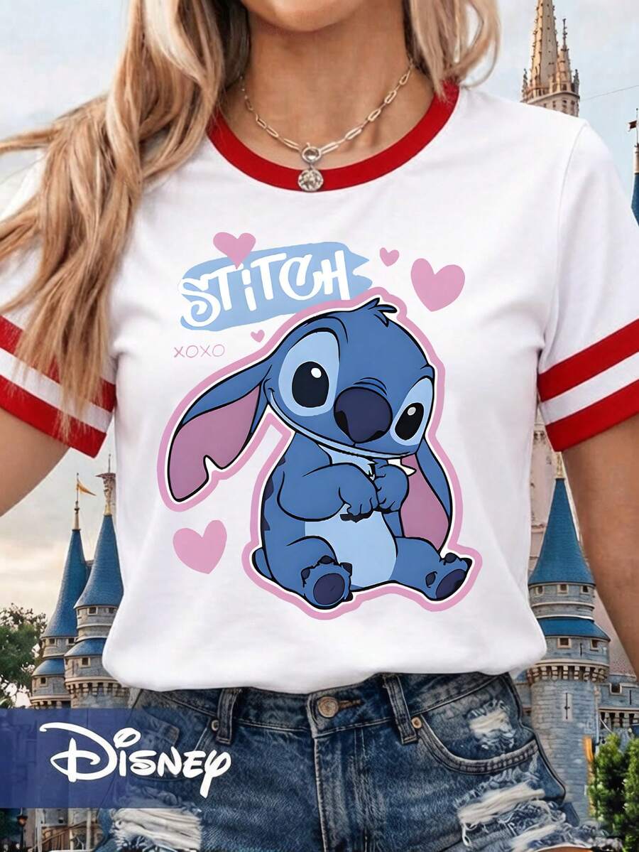 Disney Officially Licensed Summer Polyester Ringer T-Shirt Women, Red White Contrast Sleeve, Pink Heart Cute Stitch Print, Sweet Cool Style Lilo & Stitch Best Friend Top - White - View 1