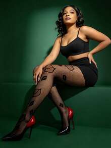 1pc Elastic Fishnet Tights, Lip Pattern Jacquard Pantyhose, Sexy Black Fishnet Stockings, Suitable For Valentine's Day, Halloween Costume - Multicolor - View 4