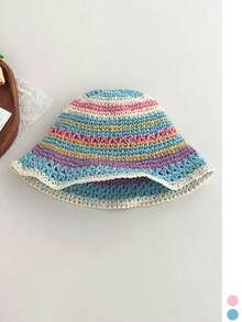 Dopamine Striped Straw Fisherman Hat Women Summer Hollow Out Breathable Bucket Hat Slimming Face Sun Protection Sun Hat Plus Size Rainbow Striped Hollow Straw Hat Women Travel Outdoor Sun Protection Face Covering Sun Hat Women New Wide Brim Slimming Face Large Head Circumference Handmade Woven Large Size Fisherman Hat Vacation Beach Bucket Hat Back To School - Multicolor - View 12