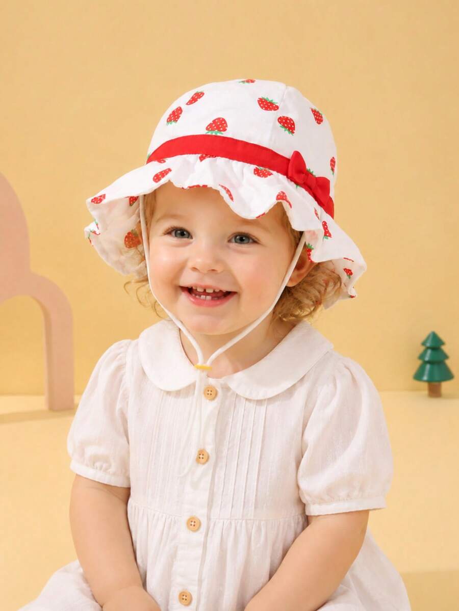1pc Baby Girls' Flower Pattern Bow Decor Sun Hat - Red and White - View 1